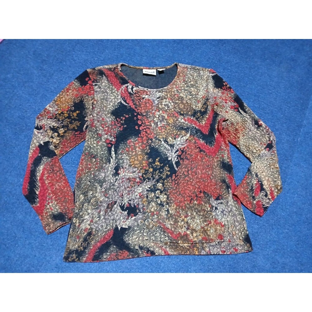 VINTAGE CHICO'S DESIGN Long Sleeve Abstract Floral Fall Colors Blouse Size 1 M